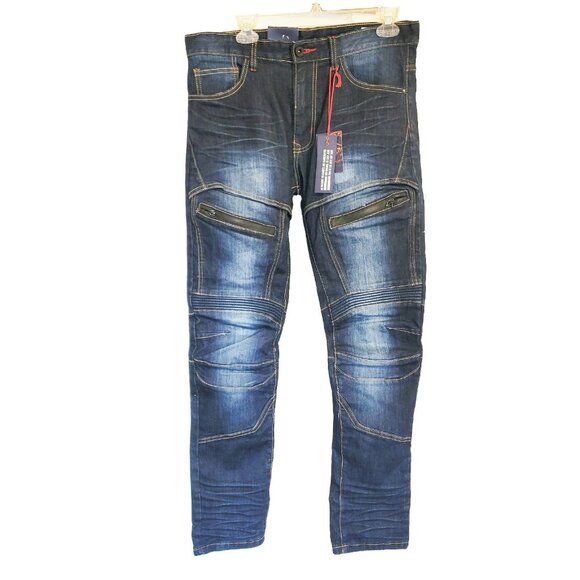 Smoke Rise Jeans Men 32x30 Blue Slim Fit Moto Biker Zipper Distressed Grunge NWT - Picture 1 of 10